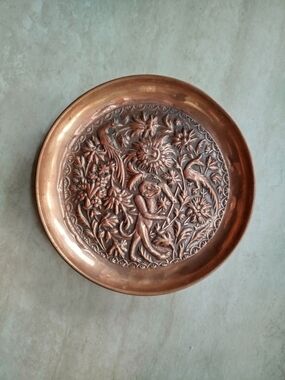 Decorative Vintage Copper Wall Plate with Floral & Figure Relief